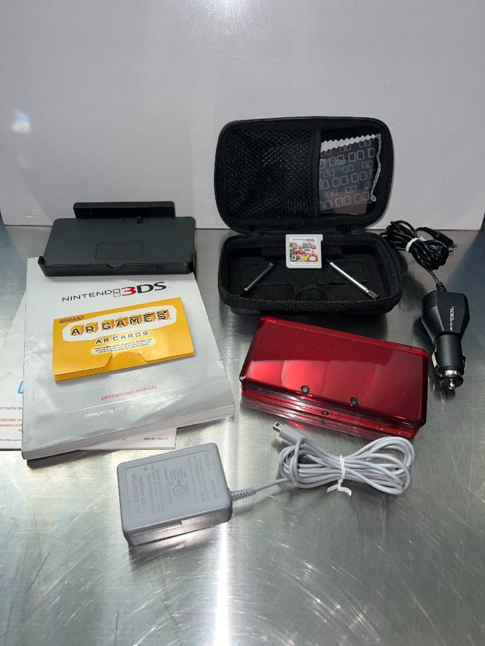 Nintendo 3DS Console Metallic Red w/ Game, Accessories, Chargers, and Guides